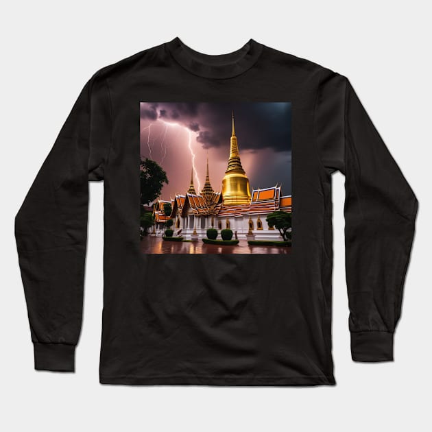 Iconic World Landmarks During A Thunderstorm; Wat Pho Bangkok Long Sleeve T-Shirt by Musical Art By Andrew